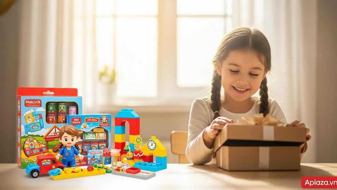 Quà cho bé gái 6 tuổi: hộp quà mở nắp bên cạnh đồ chơi nghề nghiệp và lắp ráp trên nền sáng, gam màu tươi vui