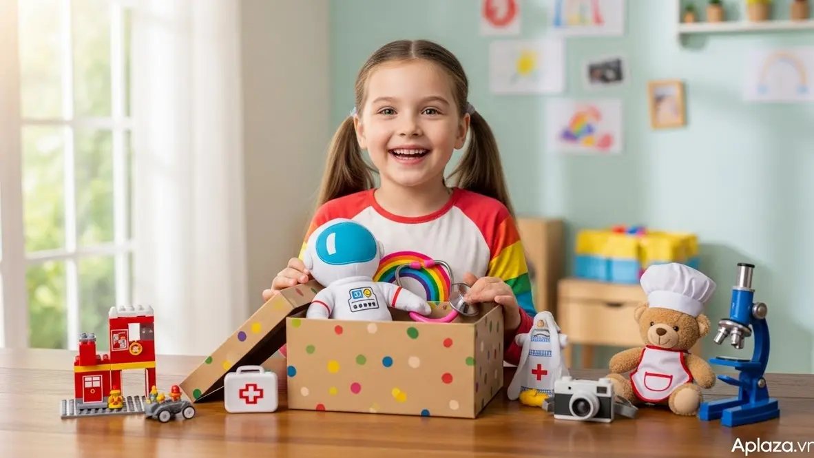 Bé gái 6 tuổi mỉm cười bên hộp quà với bộ đồ chơi lắp ráp và nghề nghiệp trong không gian sáng, gợi ý mua hàng uy tín và bảo hành rõ ràng