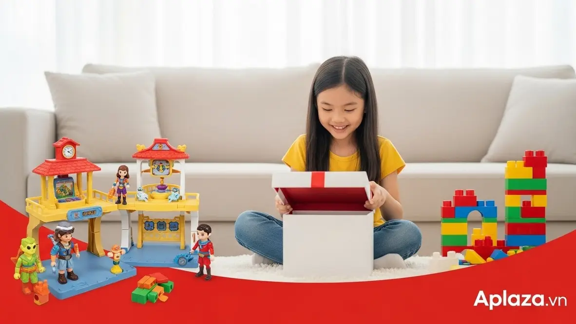 Bé gái 6 tuổi cười mở hộp quà bên bộ đồ chơi nghề nghiệp và gạch lắp ráp trên nền sáng, màu sắc tươi vui cho dịp sinh nhật hoặc 1/6.