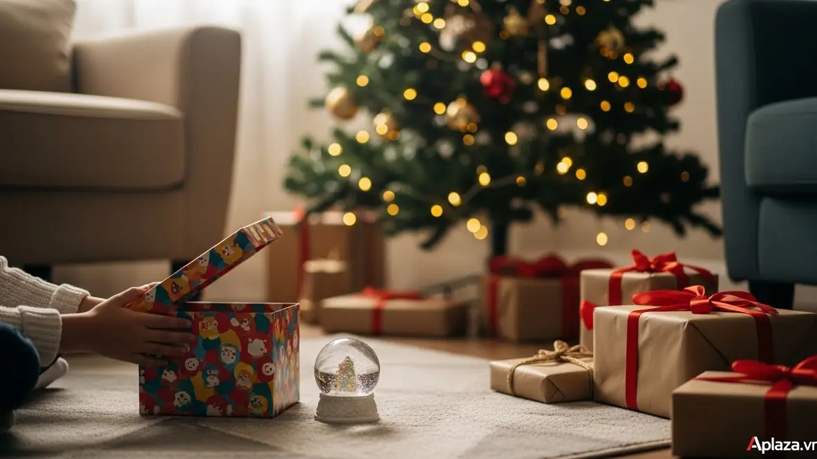 Khoảnh khắc mở hộp quà rực rỡ cạnh quả cầu tuyết Giáng Sinh, gợi không khí unbox quà cho bé gái 7 tuổi mua trên sàn an toàn và tiết kiệm