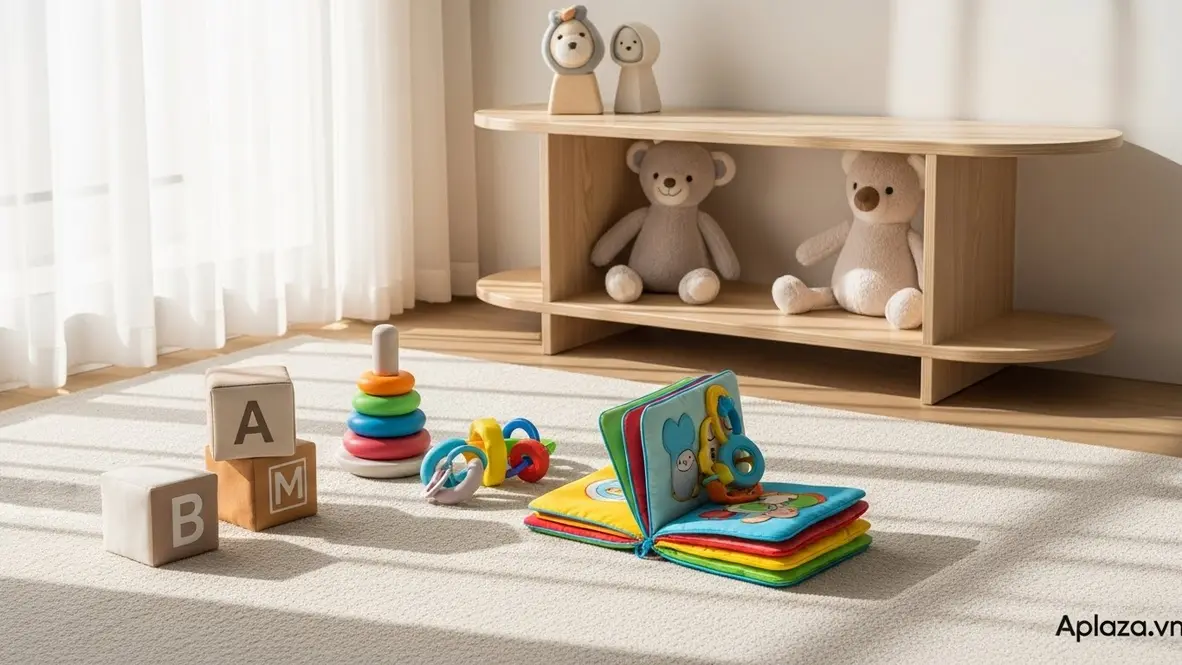 Góc phòng chơi an toàn với đồ chơi mềm, sách vải và khối màu tươi sáng – gợi ý quà cho bé trai 1 tuổi