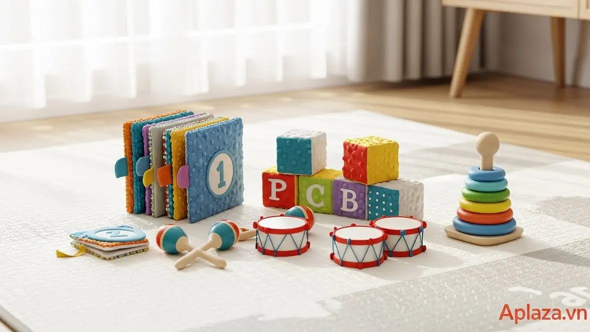 Bộ quà cho bé trai 1 tuổi với sách vải, khối mềm, vòng xếp chồng và nhạc cụ lắc bày trên thảm chơi an toàn, màu sắc tươi sáng.