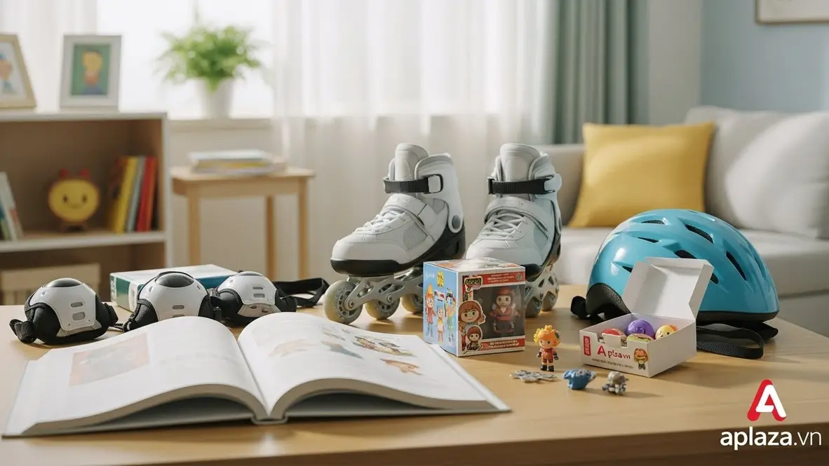 Bộ quà cho bé trai 10 tuổi gồm sách, giày patin và blindbox bày trong phòng sáng, nhấn mạnh an toàn, sở thích và phù hợp ngân sách.
