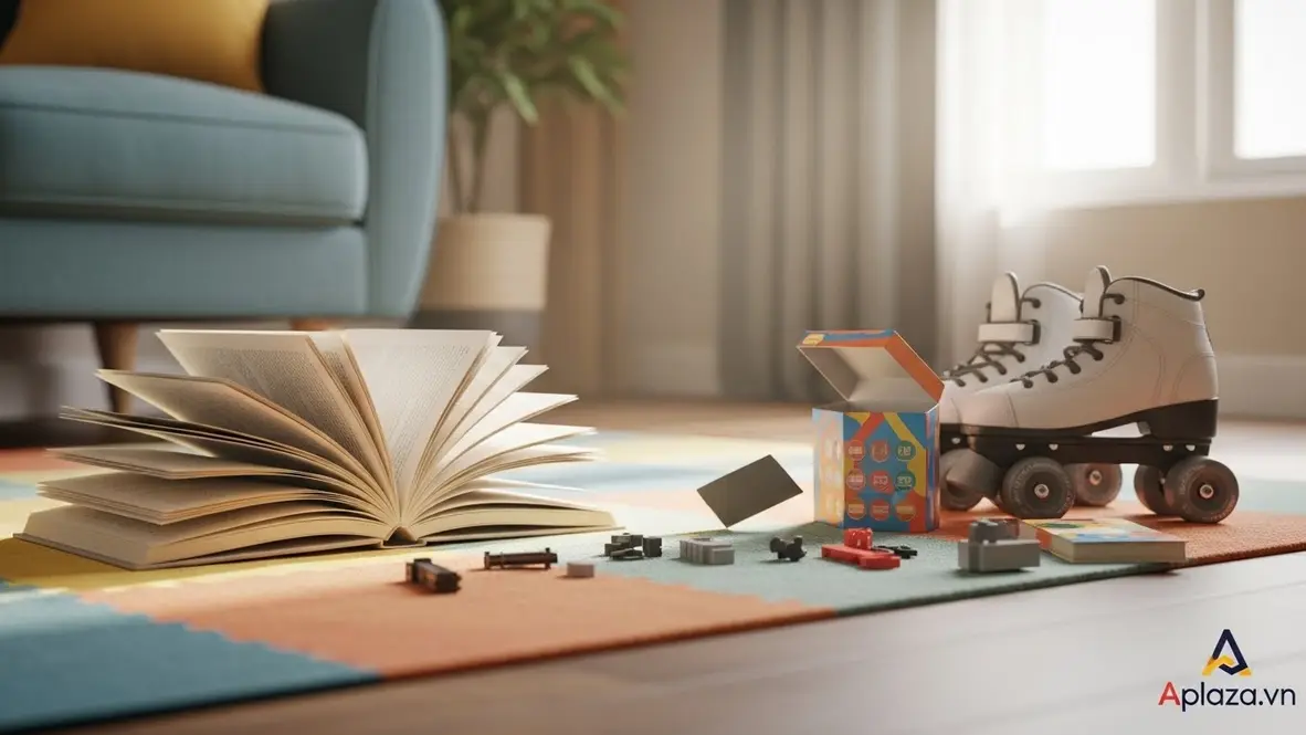 Cảnh quà cho bé trai 10 tuổi với sách mở, giày patin và blindbox bày trên thảm trong căn phòng sáng sủa, tông màu vui tươi gợi cảm hứng học hỏi và vui chơi.