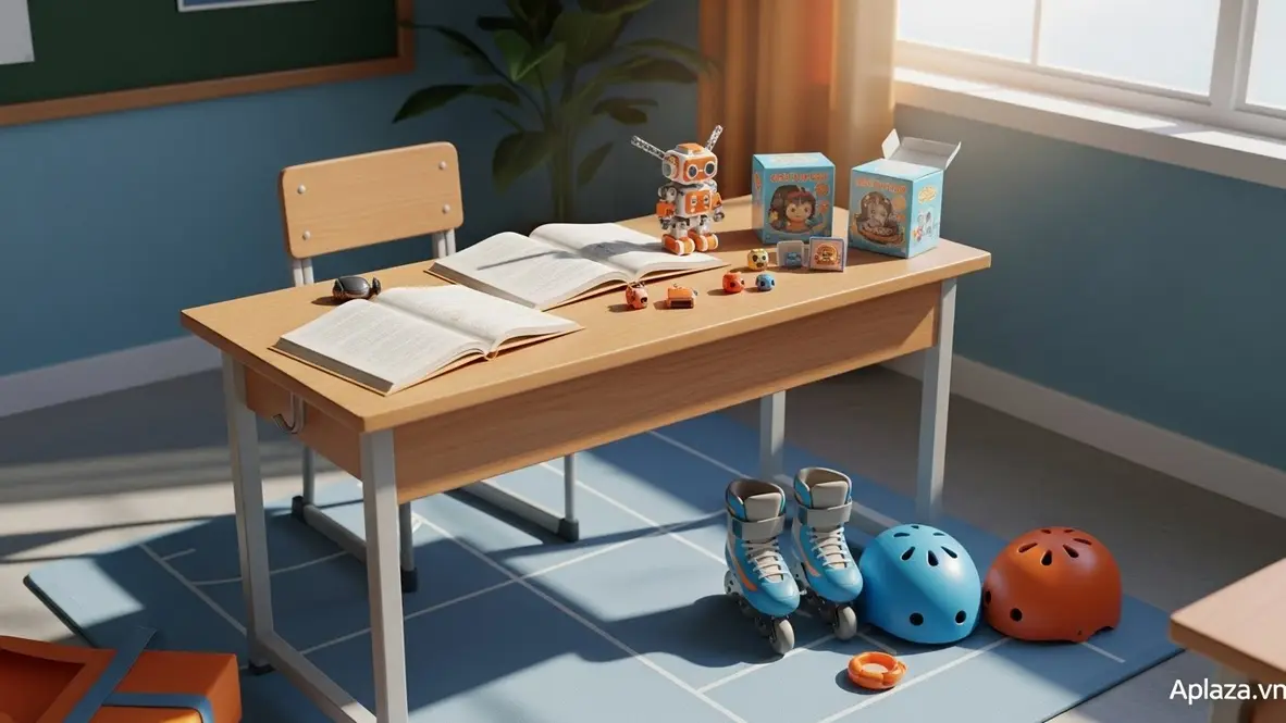 Góc phòng sáng sủa với quà cho bé trai 10 tuổi: sách mở, đôi giày patin, hộp blindbox đang khui và robot lắp ráp trên bàn học.