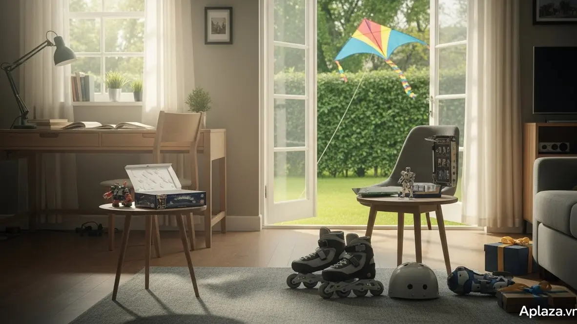 Minh họa quà cho bé trai 10 tuổi: sách, giày patin, blindbox và đồ chơi STEM trong không gian tươi sáng