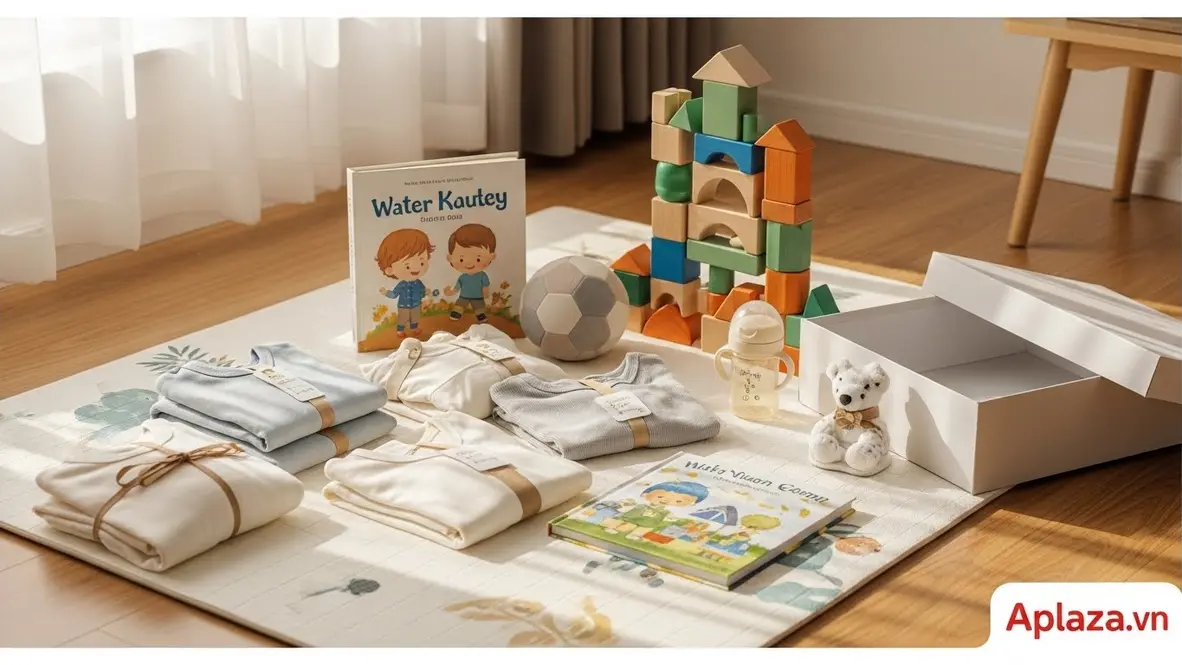 Bộ quà cho bé trai 2 tuổi gồm hộp quà mở với quần áo cotton, khối xếp lớn, sách tranh bìa cứng và bóng mềm, phối màu ấm tạo cảm giác an toàn và vui tươi