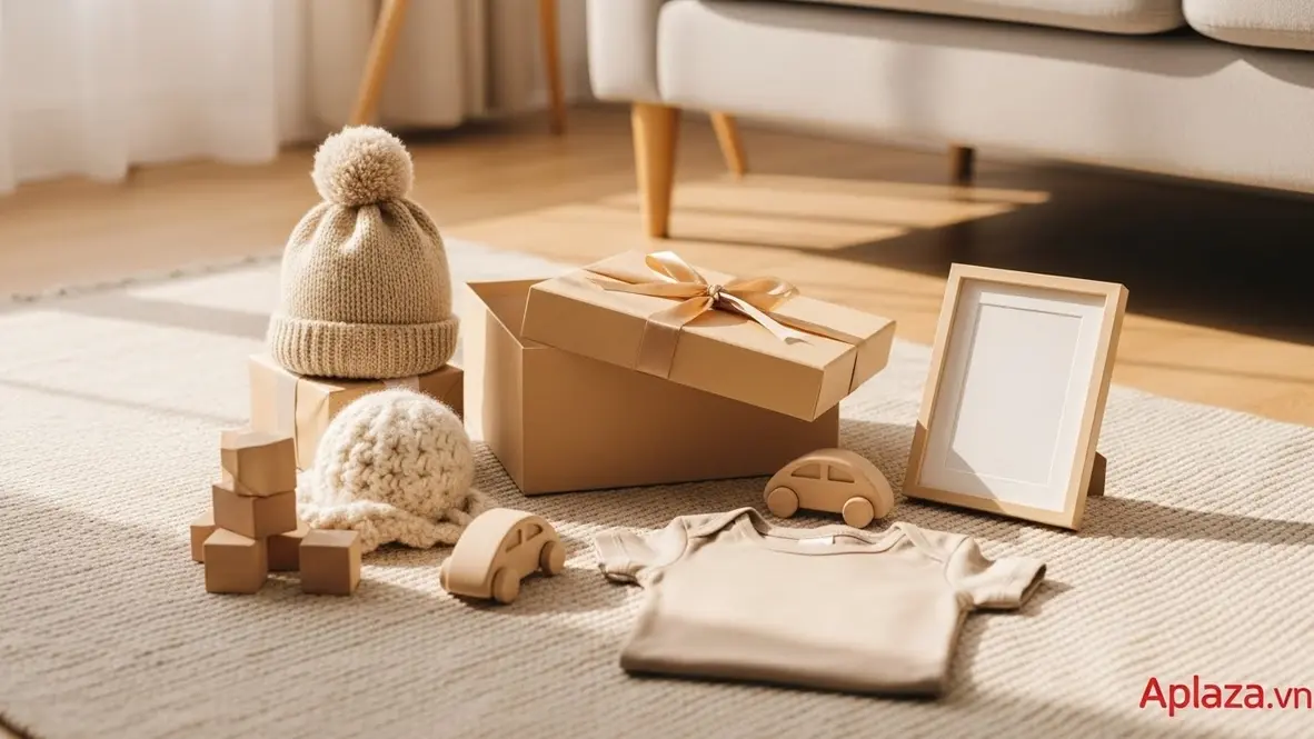 Quà cho bé trai 2 tuổi với hộp quà mở, quần áo nhỏ, đồ chơi gỗ an toàn và khung ảnh trong không gian ấm áp