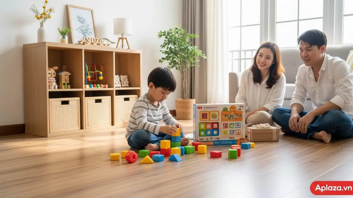 Bé trai 3 tuổi chơi bộ đồ chơi giáo dục màu sắc, bố mẹ quan sát bên cạnh; gợi ý quà cho bé trai 3 tuổi phù hợp cá tính và dễ gói tặng