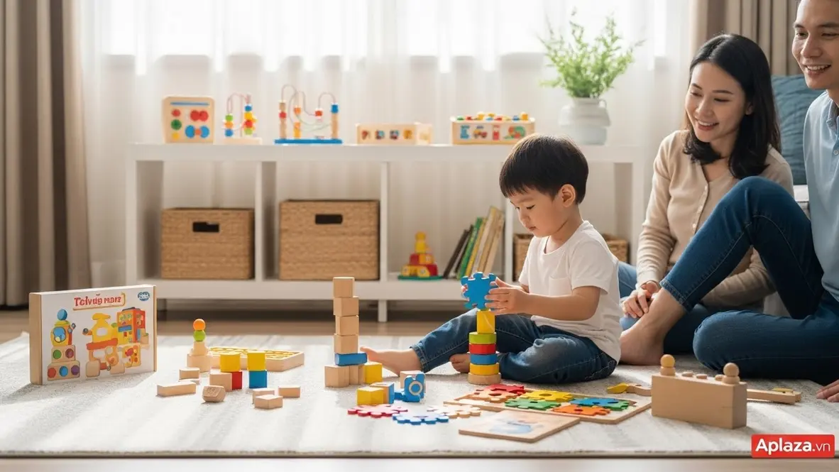 Quà cho bé trai 3 tuổi: bé chơi đồ chơi giáo dục màu sắc tươi sáng, bố mẹ quan sát bên cạnh trong phòng khách ánh sáng tự nhiên