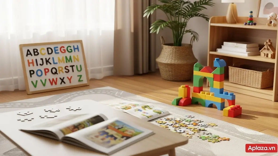 Góc quà cho bé trai 4 tuổi với bộ lắp ráp, bảng chữ cái và sách tranh mở trong phòng sáng