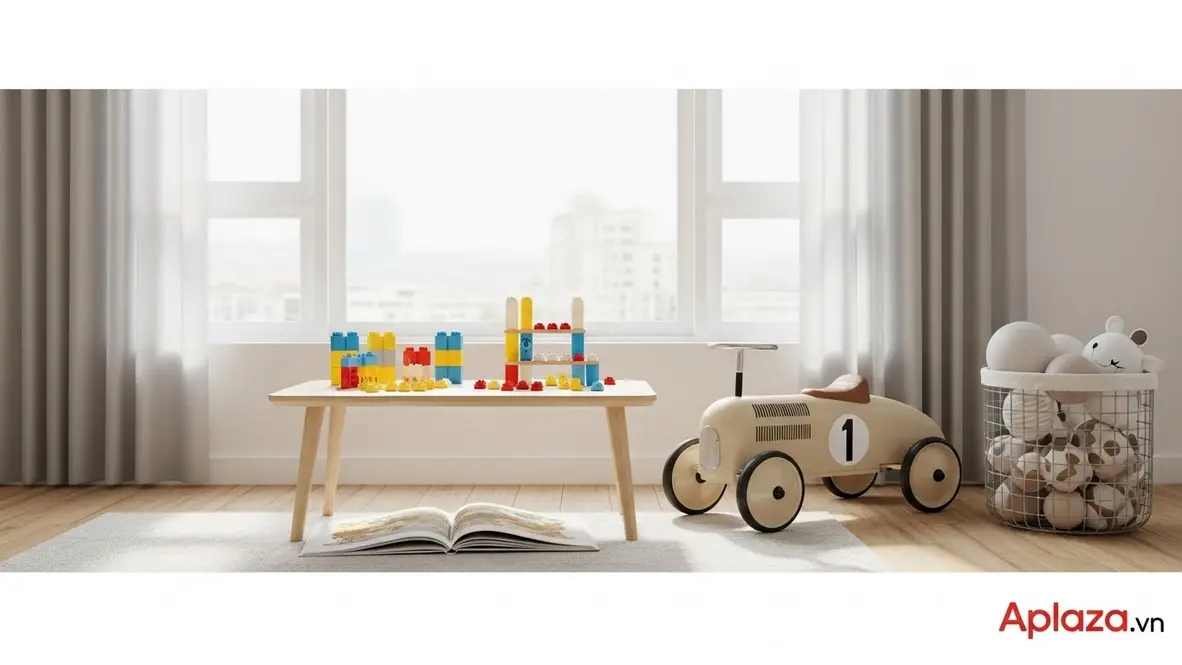 Bàn chơi bày quà cho bé trai 4 tuổi với bộ lắp ráp màu sắc và sách tranh mở trong phòng khách ngập nắng, không gian gọn gàng ấm áp.