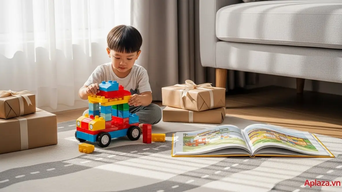 Không gian sáng sủa với đồ chơi lắp ráp cỡ lớn và sách tranh mở trên thảm, gợi ý quà cho bé trai 4 tuổi an toàn và giàu tính khám phá