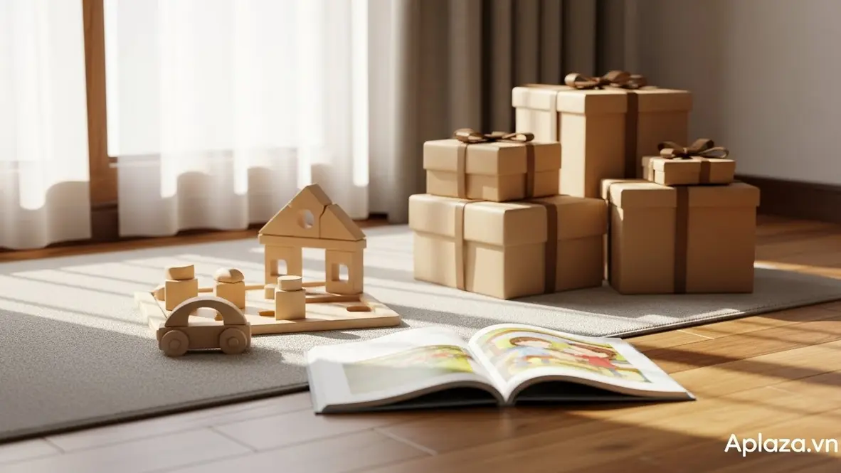 Không gian sáng sủa với bộ lắp ráp, sách tranh và hộp quà, gợi ý quà cho bé trai bốn tuổi theo ngân sách và dịp tặng