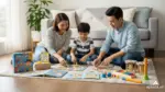 Khung cảnh phòng khách ấm áp, bé trai 5 tuổi cùng bố mẹ chơi đồ chơi giáo dục như xếp hình, sách tranh và bộ STEM trên thảm, gợi ý quà cho bé trai 5 tuổi hỗ trợ trí tuệ, vận động và sáng tạo