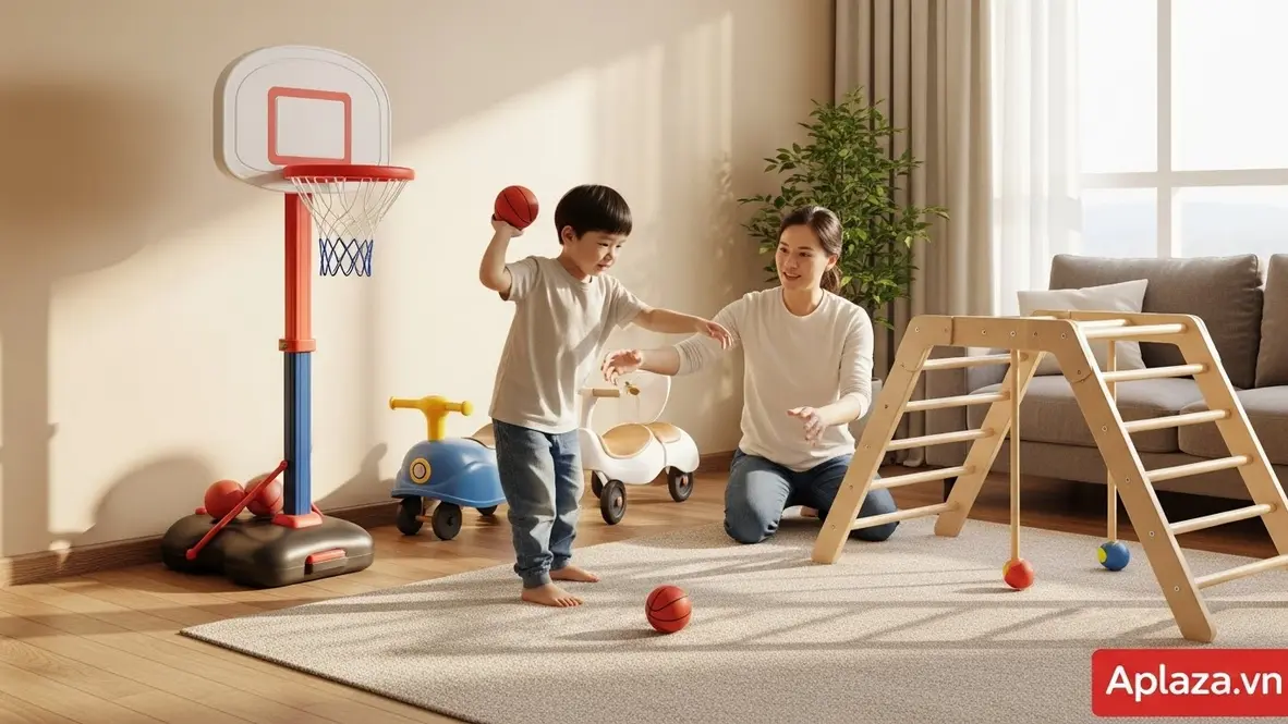 Bé trai 5 tuổi tập chạy xe chòi chân, ném bóng vào rổ mini và leo khung nhỏ trong sân hoặc phòng khách, thể hiện quà vận động an toàn giúp rèn thăng bằng, phối hợp tay–mắt và sức bền, có sự đồng hành của phụ huynh.