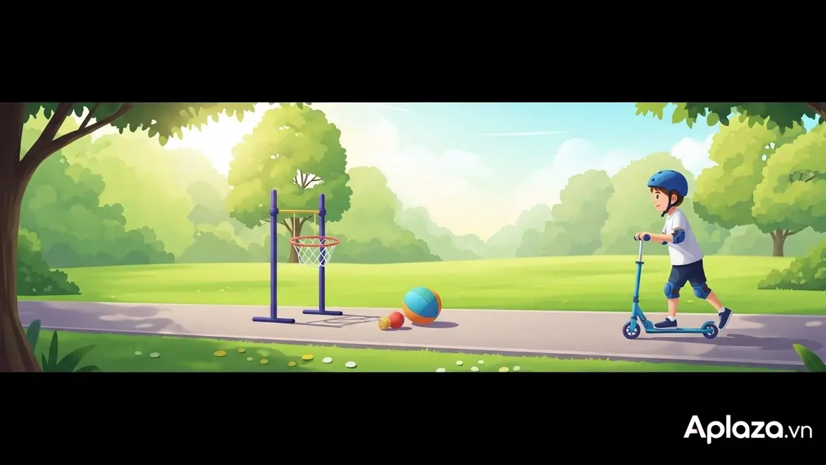 Cảnh công viên sáng sủa với bé trai 6 tuổi đang trượt xe scooter, đội mũ bảo hiểm và đeo bảo hộ khuỷu tay, gần đó có bóng và vòng ném như đồ chơi vận động ngoài trời; gợi ý quà cho bé trai 6 tuổi, nhấn mạnh sự an toàn và niềm vui