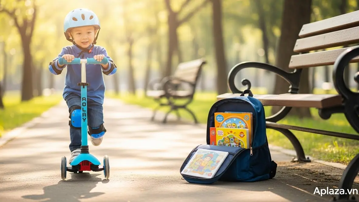Bé trai 6 tuổi chơi xe scooter với đồ bảo hộ, bên cạnh là bộ đồ chơi giáo dục mở hé; tông màu tươi sáng, nhấn mạnh quà cho bé trai 6 tuổi an toàn và phát triển kỹ năng.