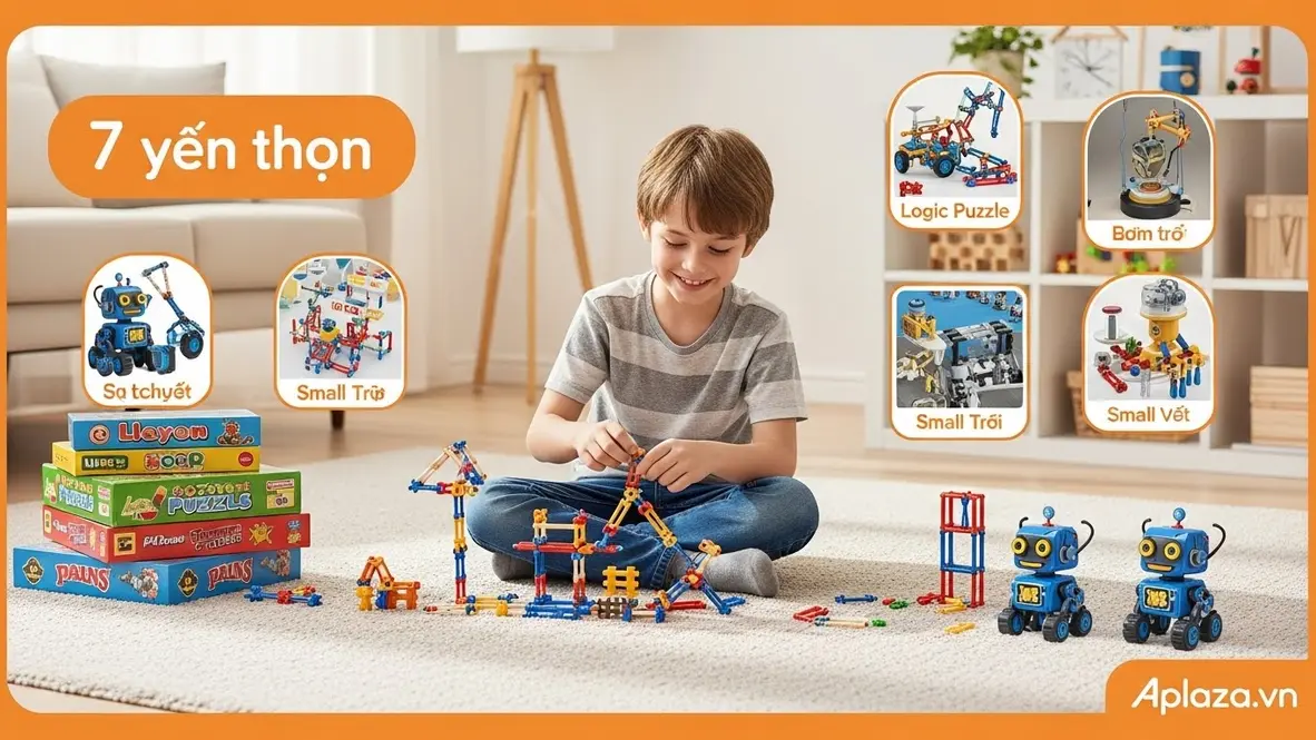 Cảnh bé trai 7 tuổi say mê lắp ráp với trò chơi học tập phát triển tư duy, món quà cho bé trai 7 tuổi trong không gian sáng ấm