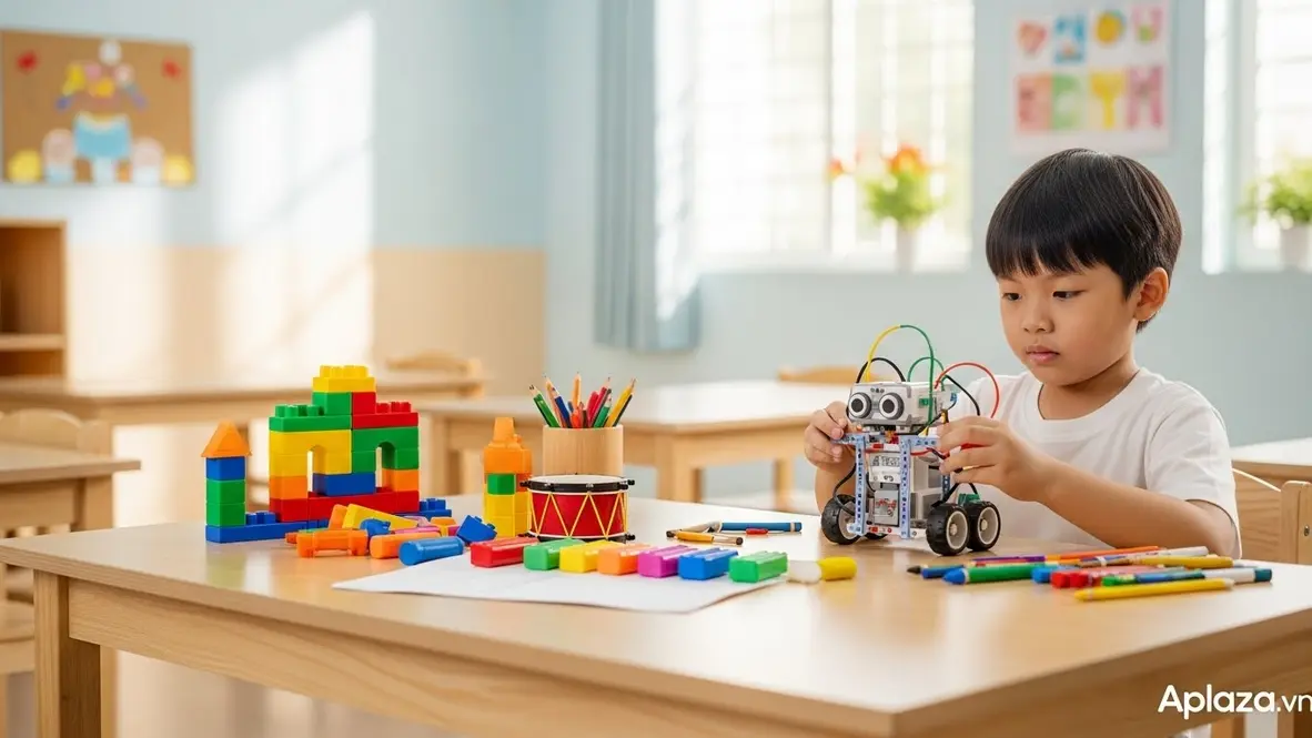 Không gian sáng sủa với bàn học bày bộ vẽ, đất nặn, nhạc cụ nhỏ và set DIY — quà cho bé trai 7 tuổi khơi gợi sáng tạo và rèn kỹ năng thủ công