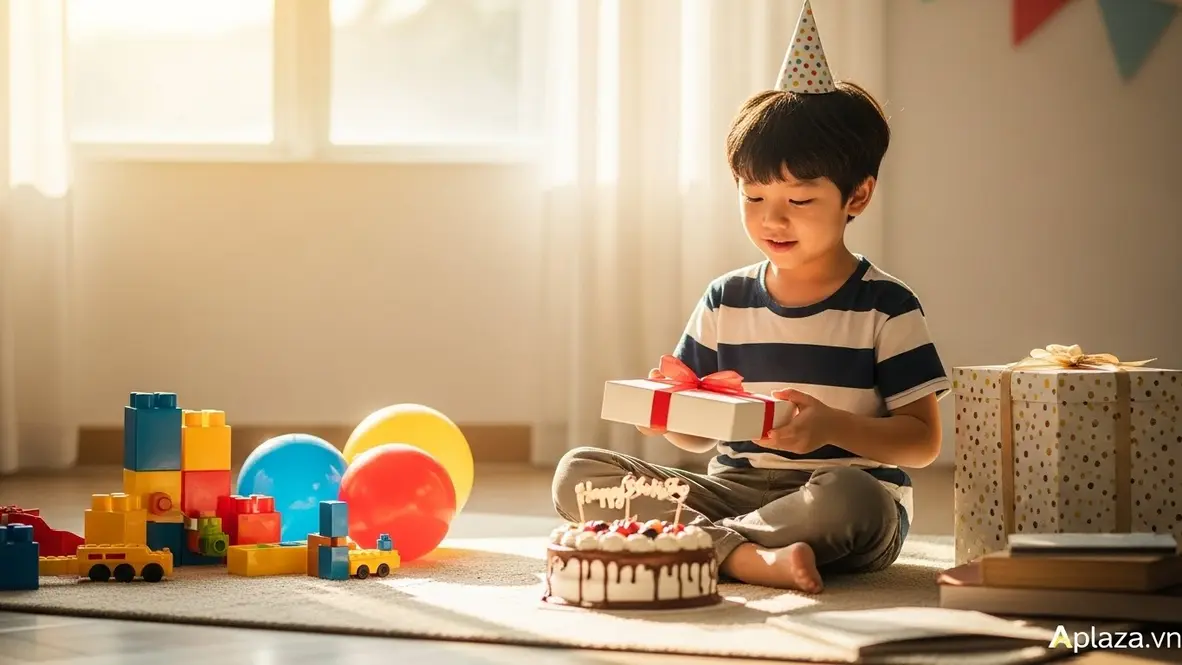 Quà cho bé trai 8 tuổi trong không khí sinh nhật ấm áp với bánh và đồ chơi an toàn trên nền sáng