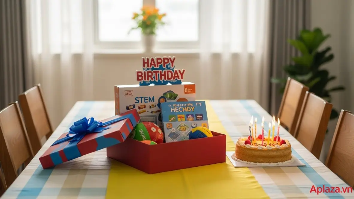Bàn quà sinh nhật với quà cho bé trai 8 tuổi: đồ chơi giáo dục, sách tranh, bóng thể thao và bộ kit STEM trên nền sáng