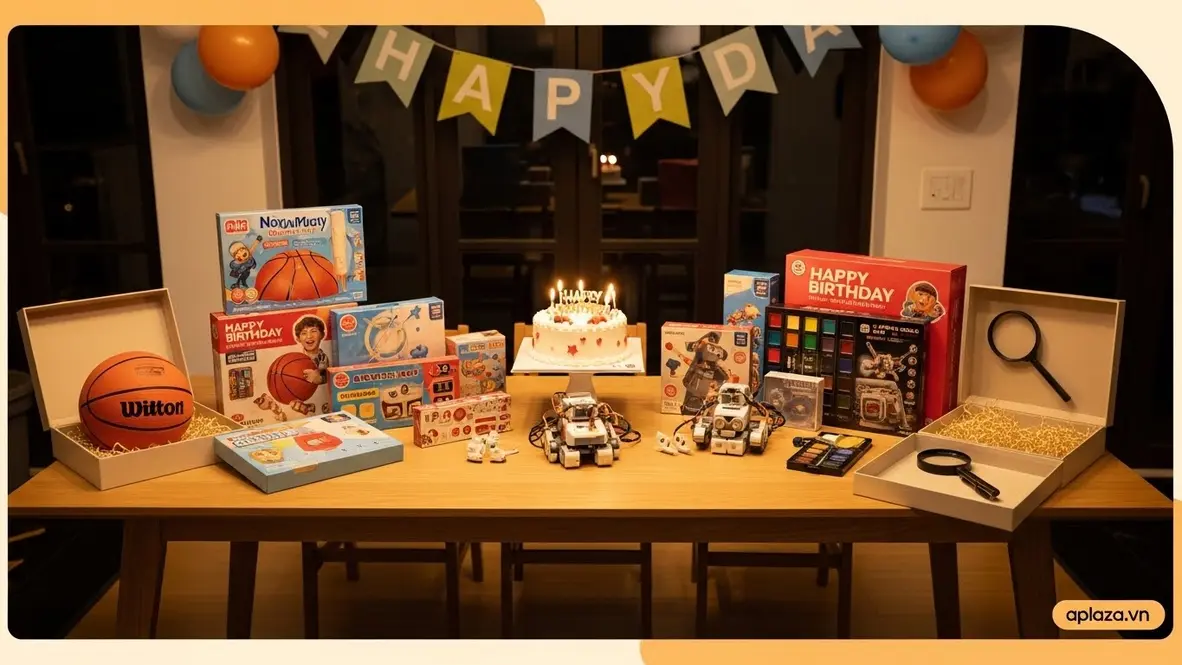 Cảnh quà cho bé trai 8 tuổi với bánh sinh nhật và đồ chơi an toàn đa dạng như bóng rổ mini, bộ thí nghiệm, bộ vẽ và robot lắp ráp trên nền sáng, không khí vui tươi