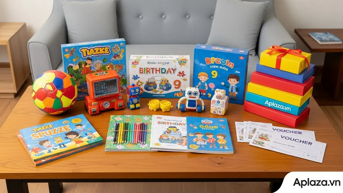 Bộ quà đa dạng cho bé trai 9 tuổi: đồ chơi an toàn, sách giáo dục, dụng cụ sáng tạo và hộp quà sinh nhật rực rỡ trên bàn gỗ