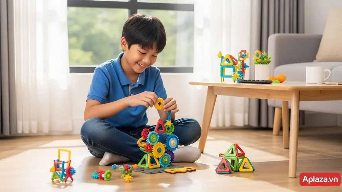 Cảnh bé trai 7 tuổi mỉm cười lắp ráp khối xây dựng đầy màu sắc, gợi ý quà cho bé trai 7 tuổi giúp phát triển tư duy và kỹ năng tay — mắt