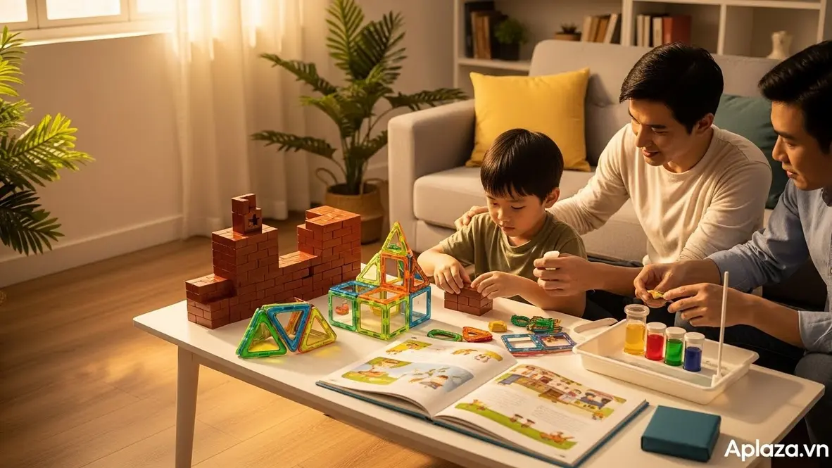 Bé trai 5 tuổi cùng bố mẹ chơi quà phát triển trí tuệ và ngôn ngữ: xếp hình, ghép nam châm, sách tương tác và bộ STEM đơn giản trong phòng khách ấm áp