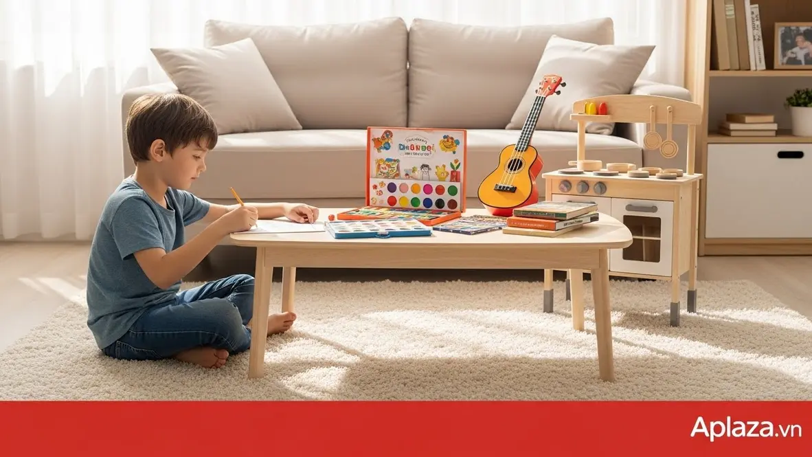 Quà cho bé trai 6 tuổi: cảnh bé ngồi tô màu với bộ mỹ thuật, cạnh ukulele đồ chơi và bếp gỗ trong phòng sáng, tông màu tươi vui, cảm giác an toàn.