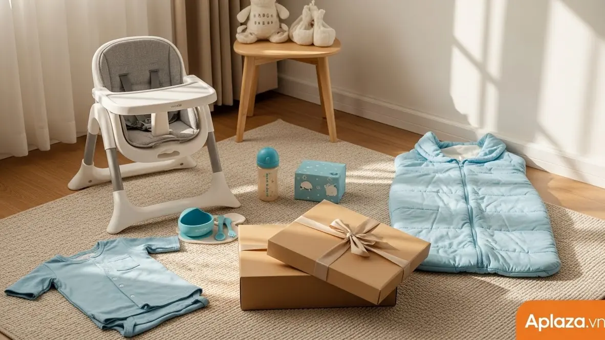 Góc phòng trẻ em với hộp quà mở, ghế ăn dặm gọn nhẹ, bình uống chống rò, bộ chén thìa an toàn và túi ngủ mềm – gợi ý quà cho bé trai 2 tuổi