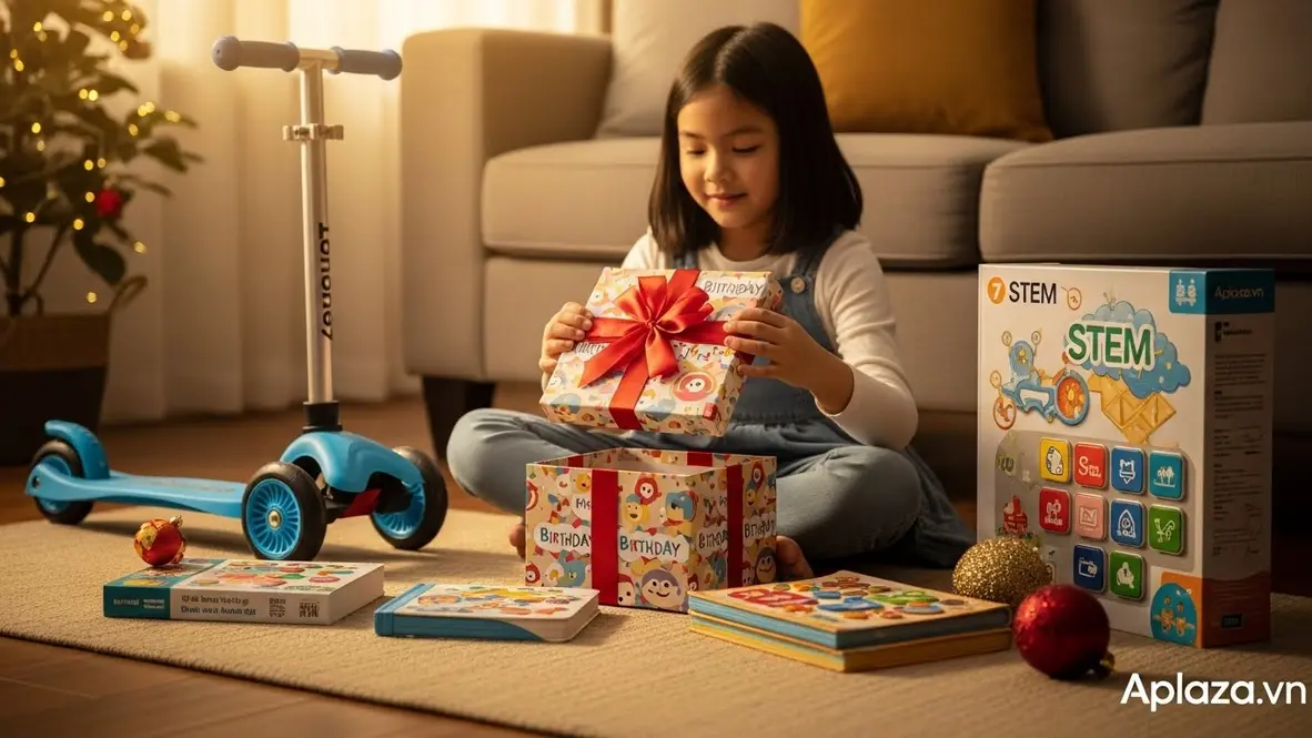 Khung cảnh quà cho bé gái 7 tuổi: bé gái bảy tuổi mở hộp quà sinh nhật rực rỡ bên cạnh scooter nhỏ, bộ STEM, sách tương tác và quả cầu trang trí Giáng Sinh trong phòng khách ấm áp