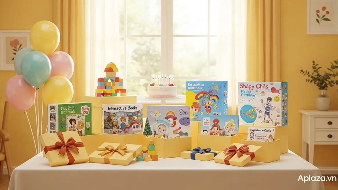 Khung cảnh sinh nhật ấm áp với hộp quà mở, gợi ý quà cho bé gái 5 tuổi đa dạng và thân thiện