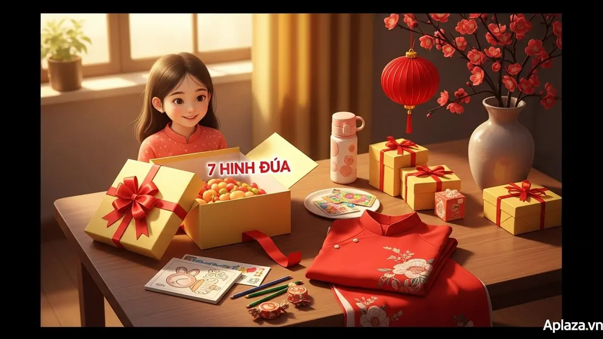 Quà Tết cho bé gái 7 tuổi với hộp quà đang mở, quả cầu đỏ, áo dài cách tân và ruy băng lụa trong không gian trang trí hoa mai