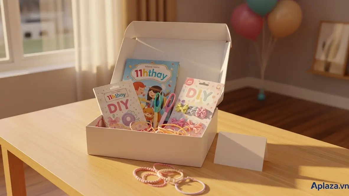 Hộp quà mở với sách, bộ đồ thủ công và phụ kiện pastel trên bàn gỗ, gợi ý quà cho bé gái 11 tuổi theo nhiều ngân sách, ánh sáng ấm áp