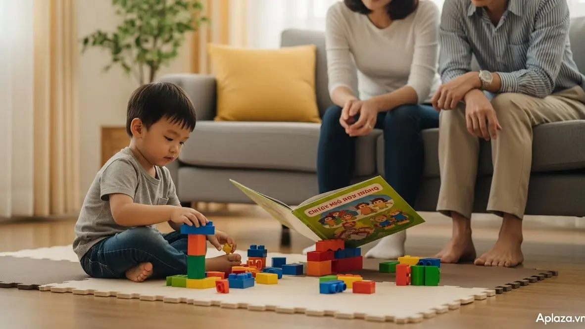 Bé trai 3 tuổi chơi khối lắp ráp, bên cạnh có sách tranh và bóng mềm, bố mẹ quan sát; minh họa so sánh các loại đồ chơi và đề xuất ưu tiên.