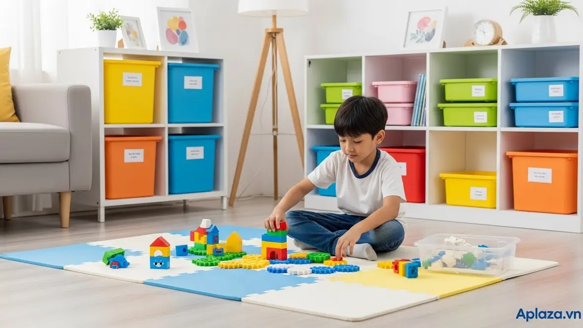 Cảnh bé trai 7 tuổi lắp ráp khối xây dựng trong phòng sáng, hộp đựng phân loại gọn gàng, nhấn mạnh chọn quà an toàn và cách bảo quản đúng.