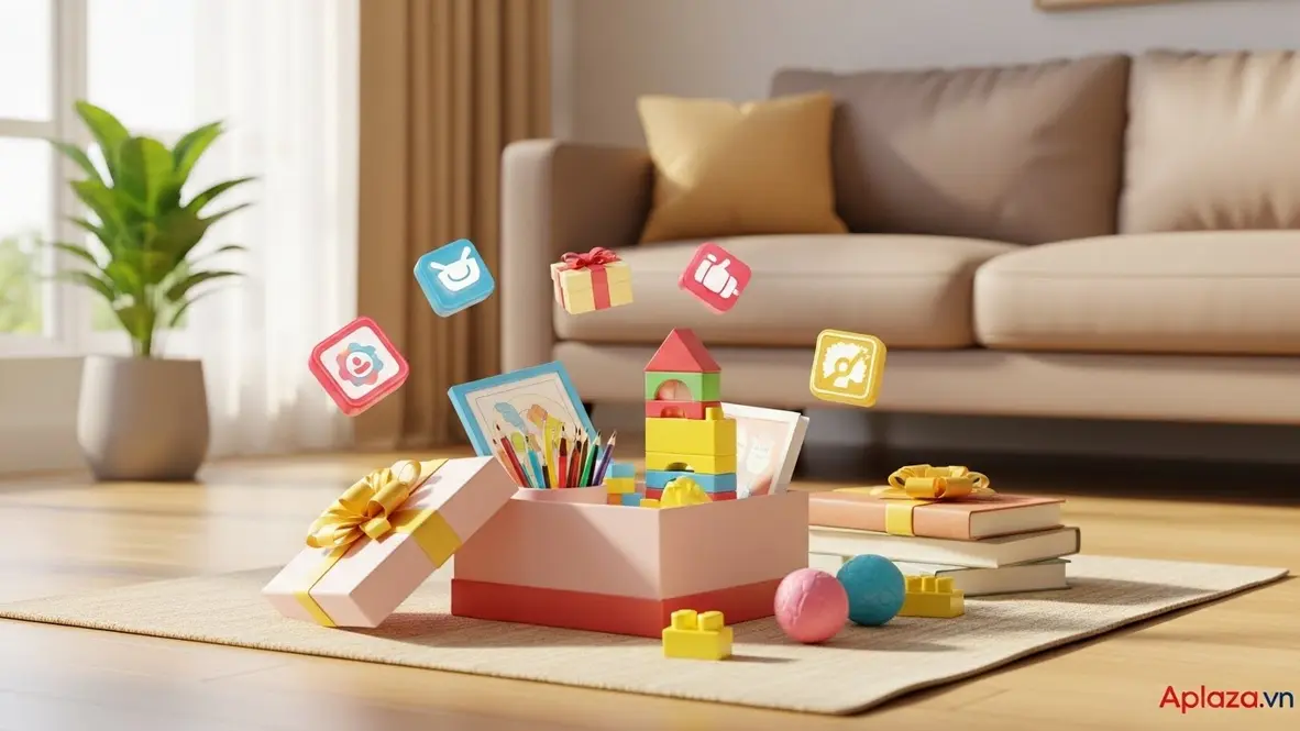 Cảnh mở hộp quà cho bé gái 9 tuổi trong phòng khách ấm áp, xung quanh hiện lên gợi ý đồ nghệ thuật, mô hình lắp ghép, sách và dụng cụ thể thao cùng biểu tượng khuyến mãi.